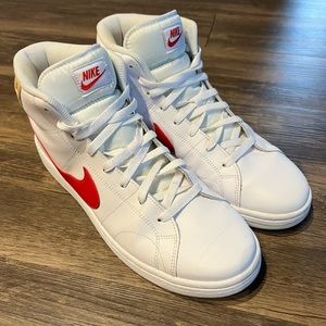 White Nike High Tops, Red Accent, Men’s 10.5